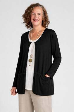 FLAX Womens Slinky Knit Pockets Oversized Lagenlook Cardigan Small Black Travel